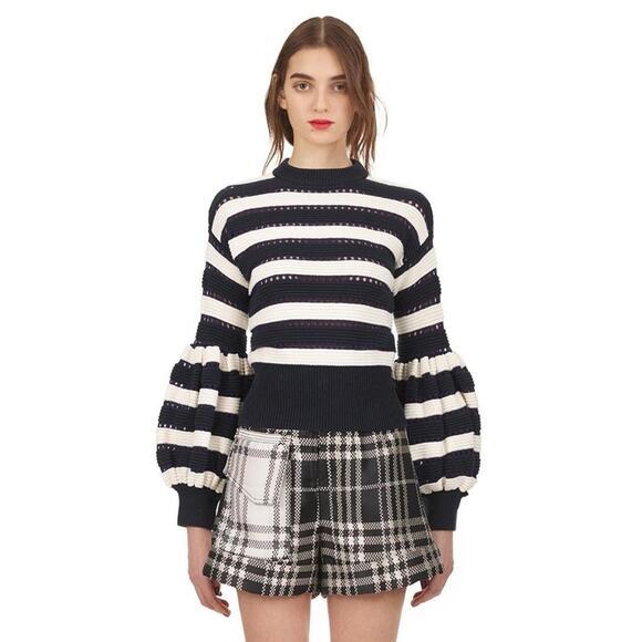 Self-Portrait Striped Balloon Sleeve Cropped Sweater Navy White Small Prep Twee - Picture 2 of 15